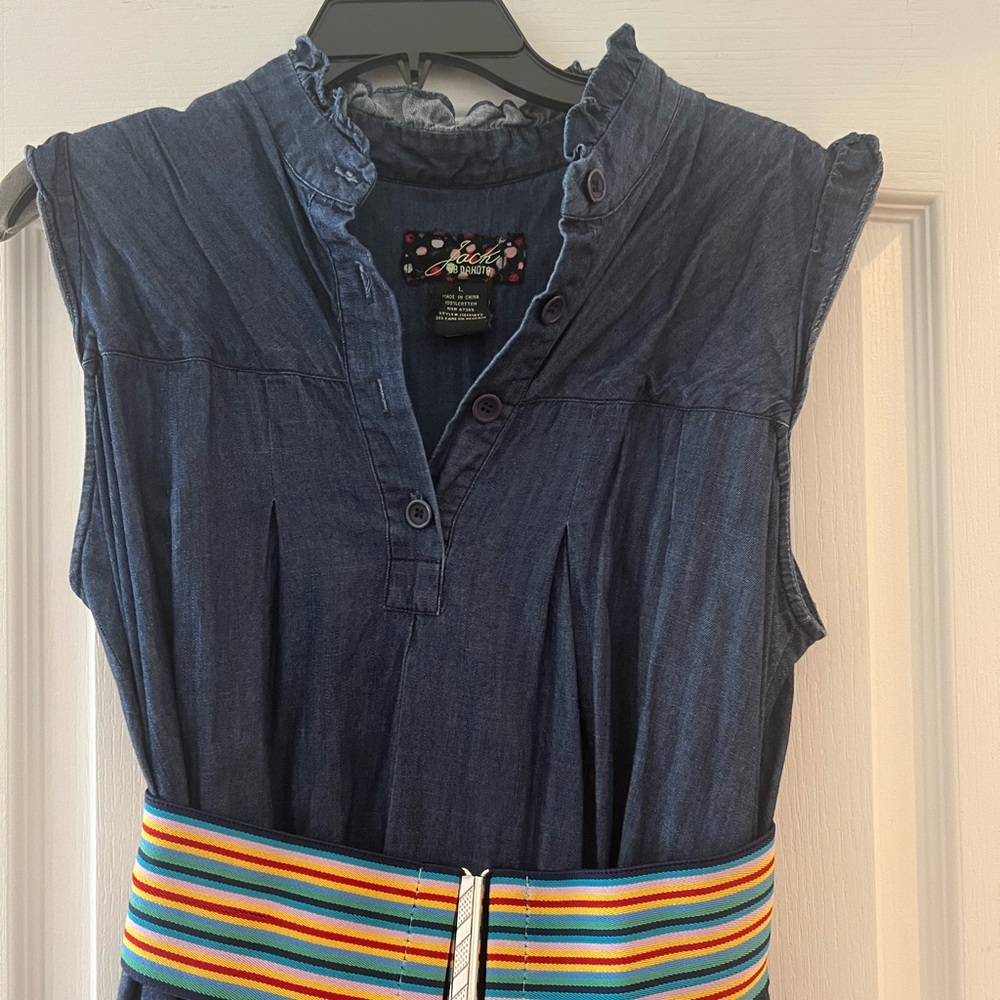Blue Denim Dress with Striped Belt